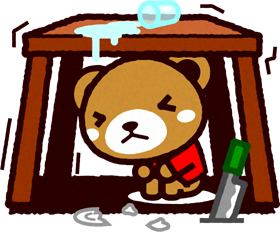 災害イラスト/机の下に避難するクマ