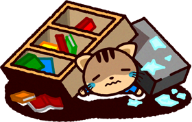 災害イラスト/本棚の下敷きになったネコ