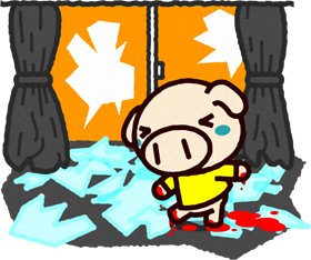 災害イラスト/ガラスで血だらけのブタ