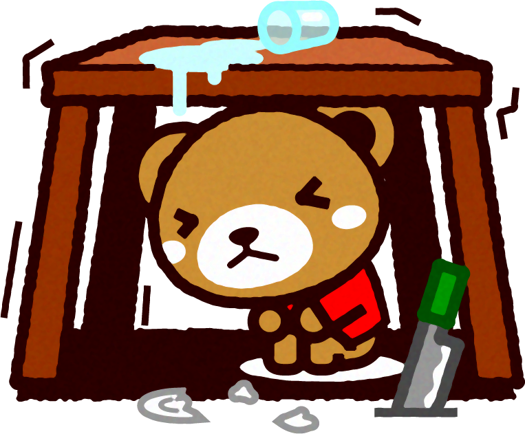 災害イラスト/机の下に避難するクマ
