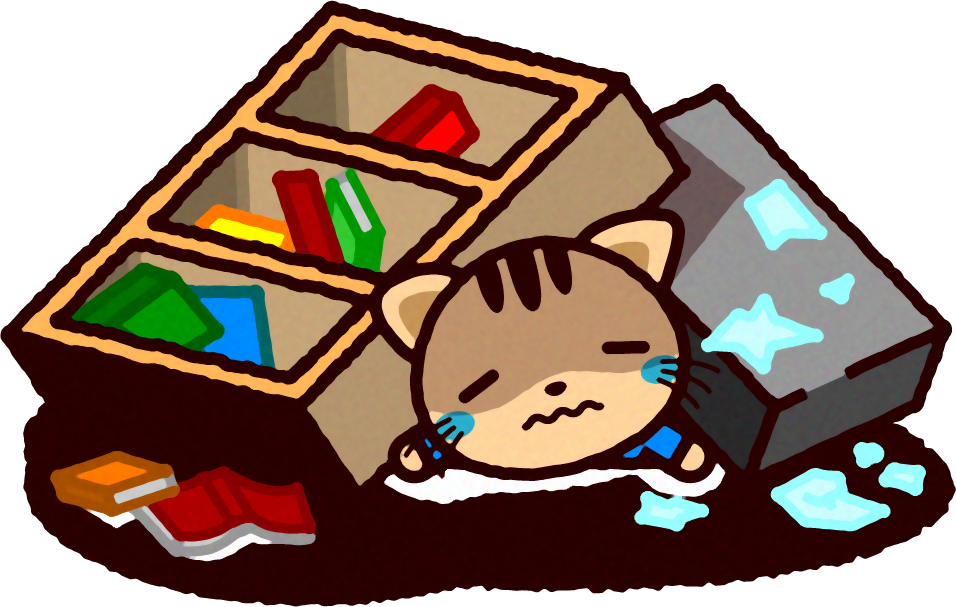災害イラスト/本棚の下敷きになったネコ