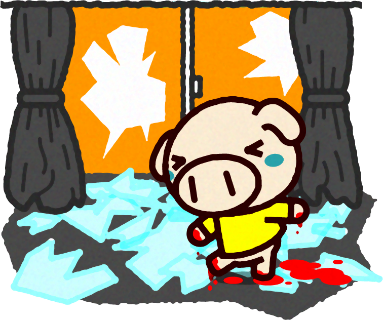 災害イラスト/ガラスで血だらけのブタ