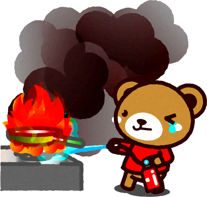 消火イラスト/消火器で火を消すクマ