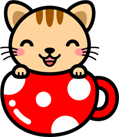 猫と水玉模様の丸いコップのイラスト/笑顔
