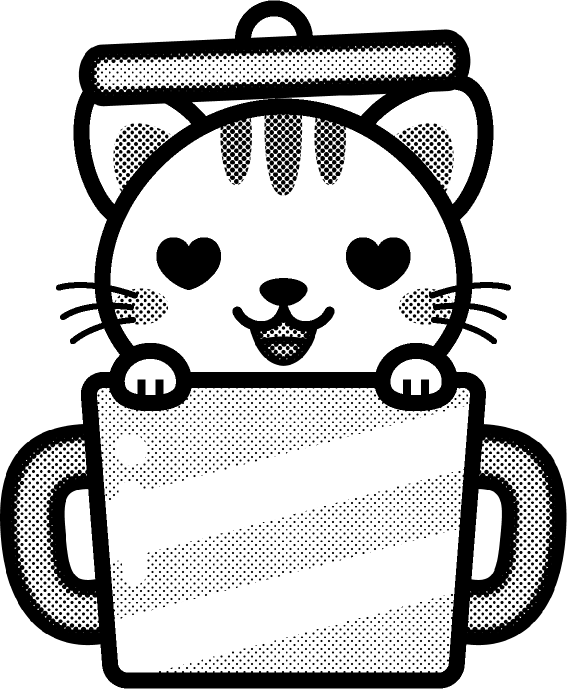 猫と鍋のイラスト/目がハート/モノクロ