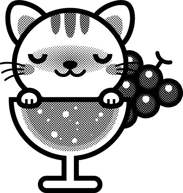 猫とカクテルのイラスト/ほろ酔い/モノクロ