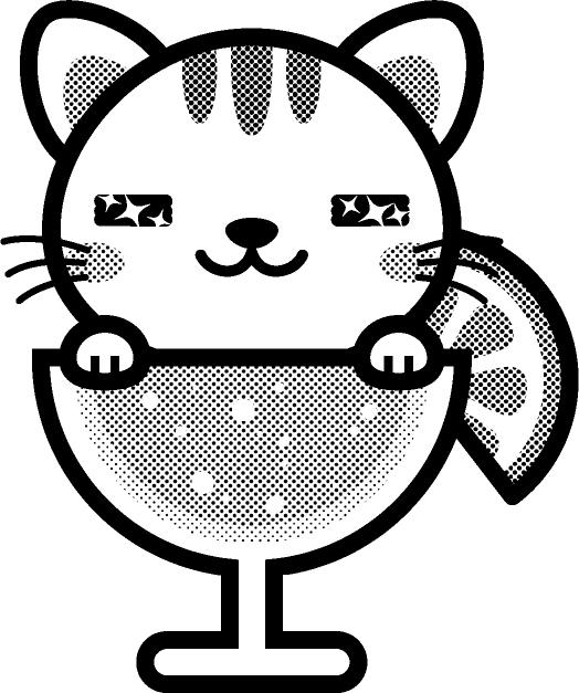 猫とカクテルのイラスト/目がキラキラ/モノクロ