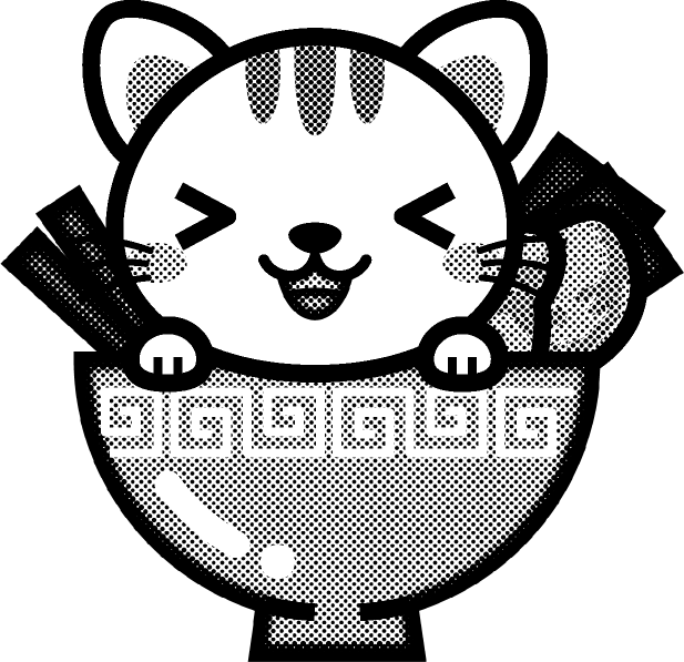 猫とラーメンのイラスト/うまい/モノクロ