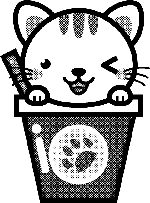 猫とジュースのイラスト/ウィンク/モノクロ