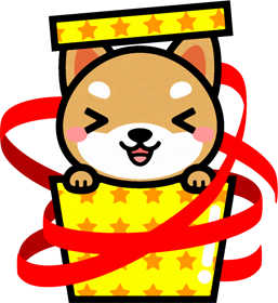 犬とプレゼント箱のイラスト/喜ぶ