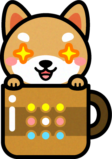 犬とコーヒーカップのイラスト/目がキラリ