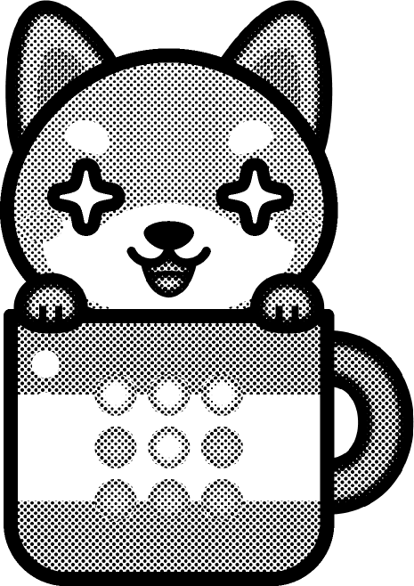 犬とコーヒーカップのイラスト/目がキラリ/モノクロ
