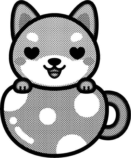 犬と水玉模様の丸いコップのイラスト/目がハート/モノクロ