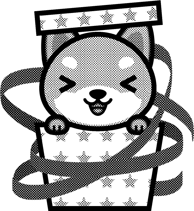犬とプレゼント箱のイラスト/喜ぶ/モノクロ