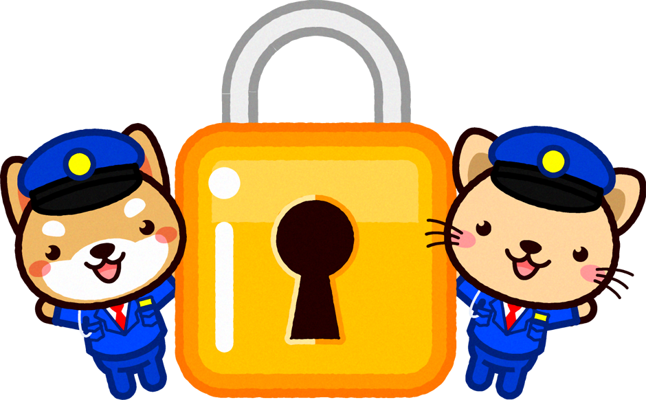 動物の警備員と鍵のイラスト/シバイヌとトラネコ