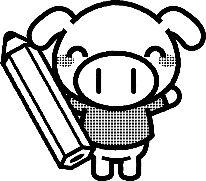 鉛筆を持った動物のイラスト/ブタ/モノクロ