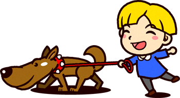 飼い主を引っ張って散歩中の番犬イラスト