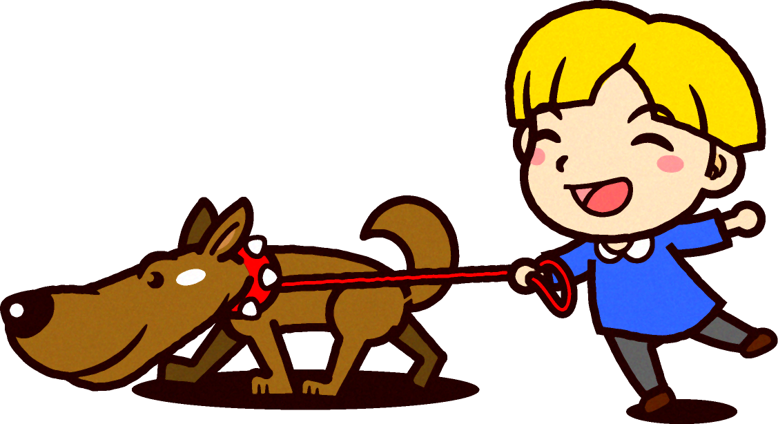 飼い主を引っ張って散歩中の番犬イラスト