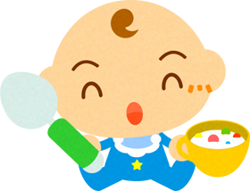 ベビーフードを食べる、かわいい赤ちゃんイラスト/男の子
