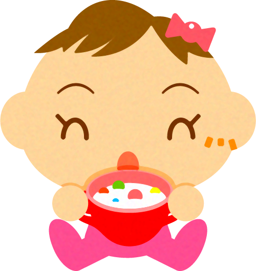 ベビーフードを食べる、かわいい赤ちゃんイラスト/女の子