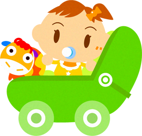 ベビーカーに乗った赤ちゃんイラスト（黄色の服を着た女の子）