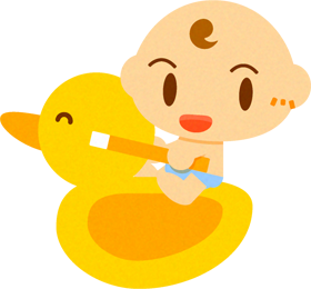 アヒルの乗り物に乗った、かわいい赤ちゃんイラスト/男の子