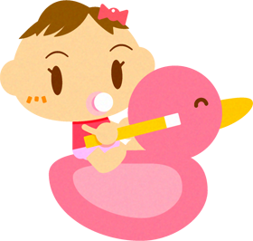 アヒルの乗り物に乗った、かわいい赤ちゃんイラスト/女の子