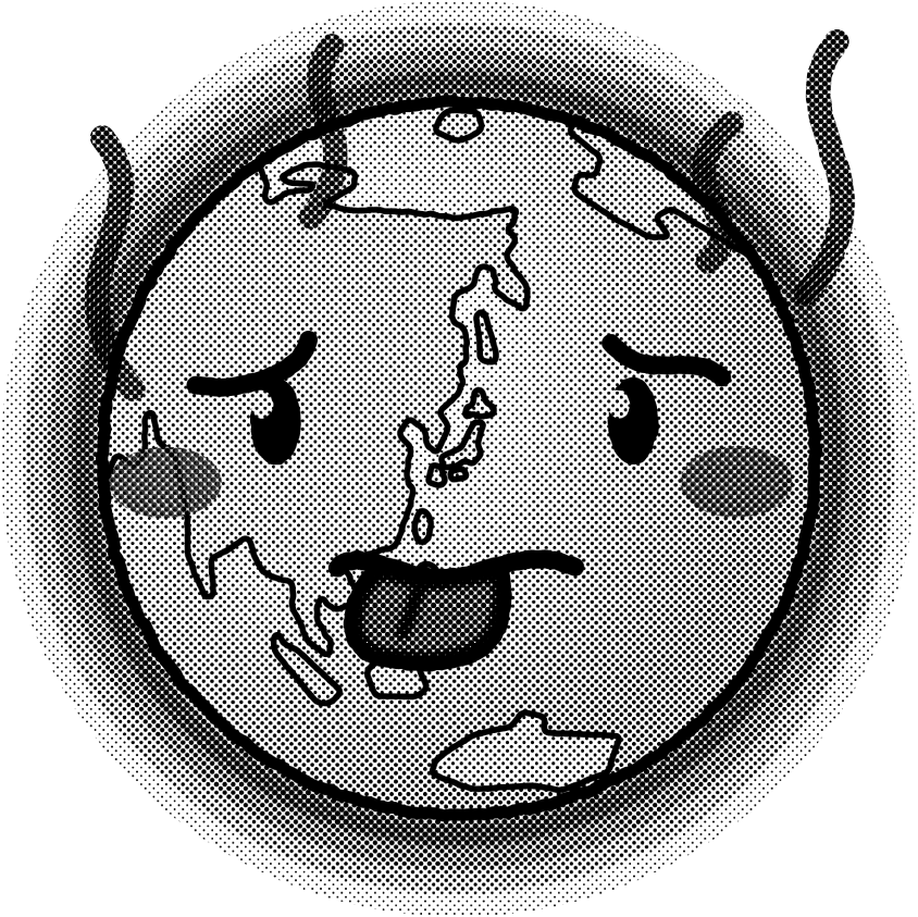 地球温暖化イラスト/熱で暑そうな地球/モノクロ