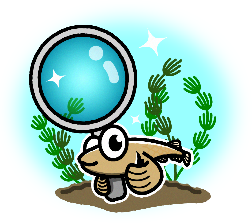 虫眼鏡を持ったメダカのイラスト