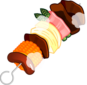 バーベキューのイラスト/肉、アスパラベーコン、たまねぎ、トウモロコシ