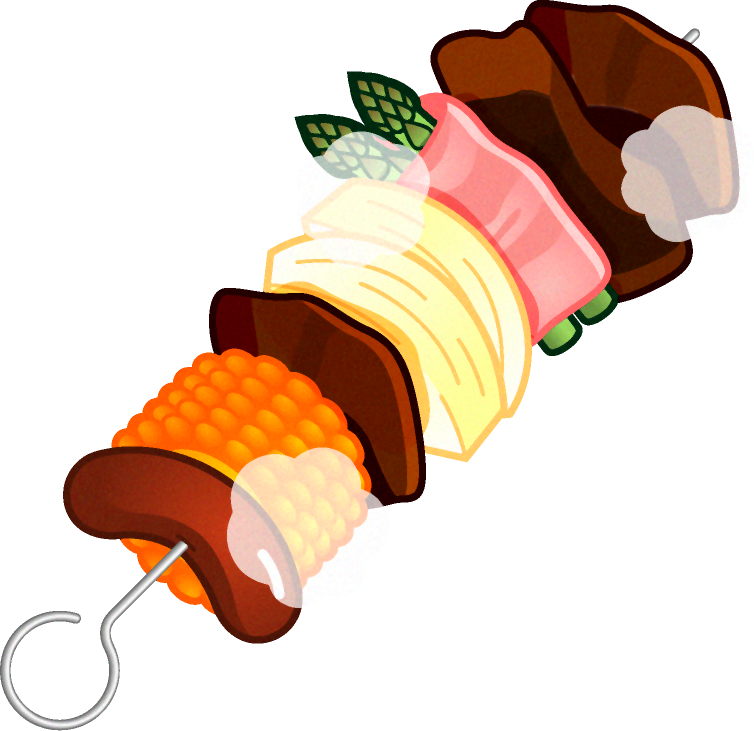 バーベキューのイラスト/肉、アスパラベーコン、たまねぎ、トウモロコシ