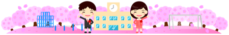 桜と入学ライン・罫線イラスト/男の子と女の子