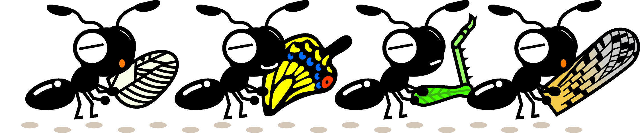 蟻の行列イラスト（虫の死骸や羽根等を運ぶ）