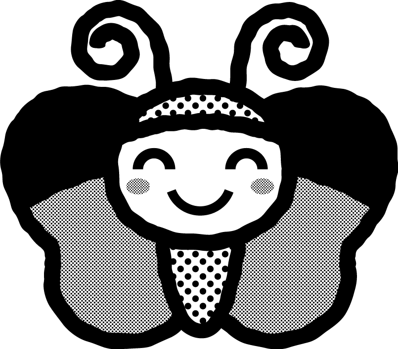 かわいい虫イラスト_蝶_にっこり_モノクロ(白黒)
