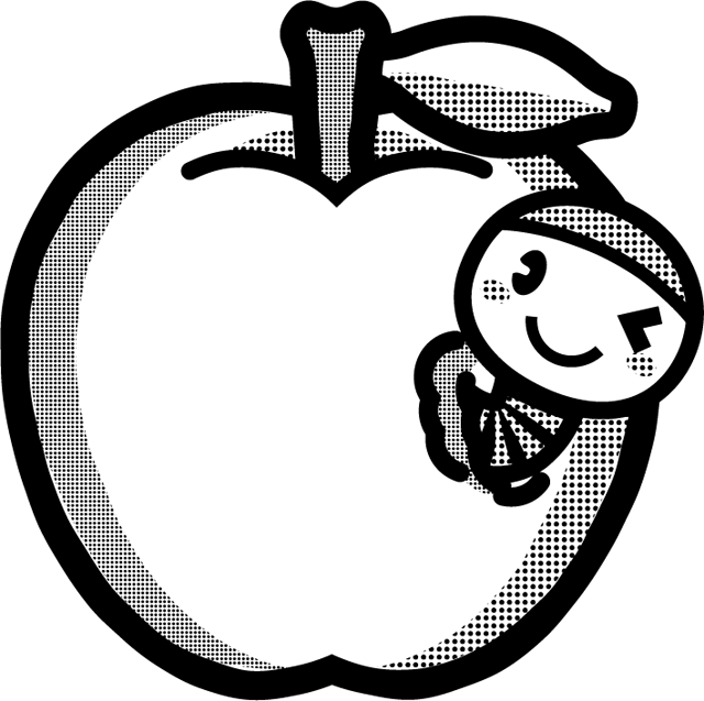かわいい芋虫のイラスト_リンゴ_モノクロ(白黒)