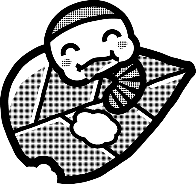 かわいい芋虫のイラスト_葉っぱを食べる_モノクロ（白黒）