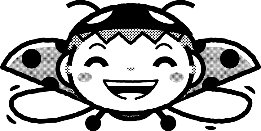 かわいいテントウムシのイラスト_飛ぶ_笑顔_モノクロ(白黒)