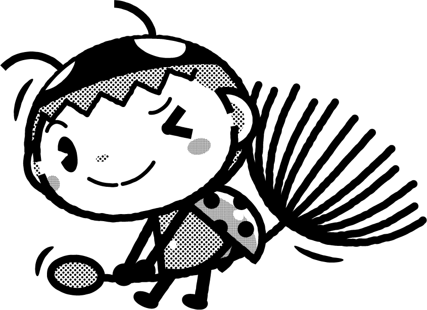 かわいいテントウムシのイラスト_タンポポの綿毛_ウィンク_モノクロ(白黒)