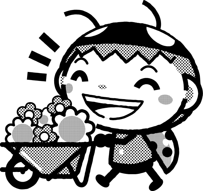かわいいテントウムシのイラスト_花を集める_モノクロ(白黒)