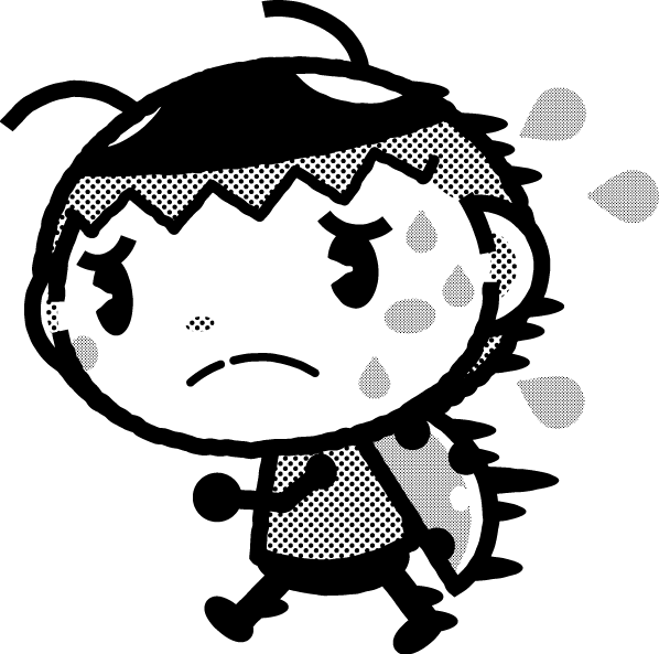 かわいいテントウムシのイラスト_急ぐ_汗_モノクロ(白黒)