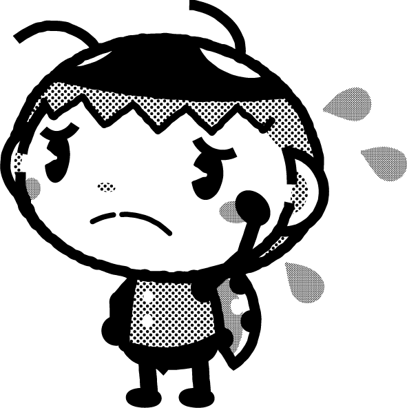 かわいいテントウムシのイラスト_困った_汗_モノクロ（白黒）