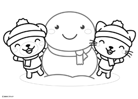 雪だるまを作ってバンザイしている熊と猫の塗り絵