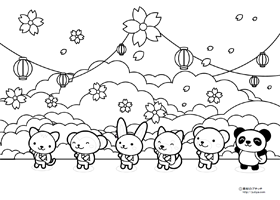 花見の塗り絵（かわいい動物）