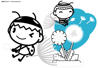 タンポポの綿毛に乗って遊んでいる塗り絵