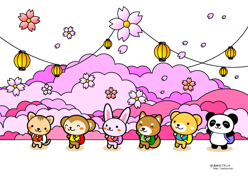 花見をするかわいい動物の塗り絵の色見本