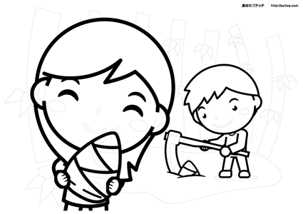 5月 筍掘りをする子供の塗り絵