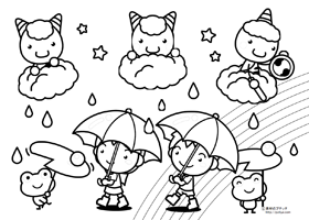 雨を降らせる鬼と傘をさした子供達の塗り絵