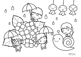 紫陽花と傘をさした子供達の塗り絵