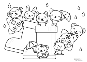 雨と大きな長靴と動物の塗り絵
