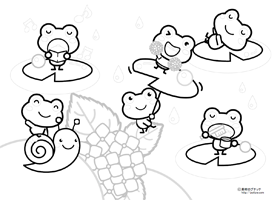 水辺で遊ぶカエルの塗り絵